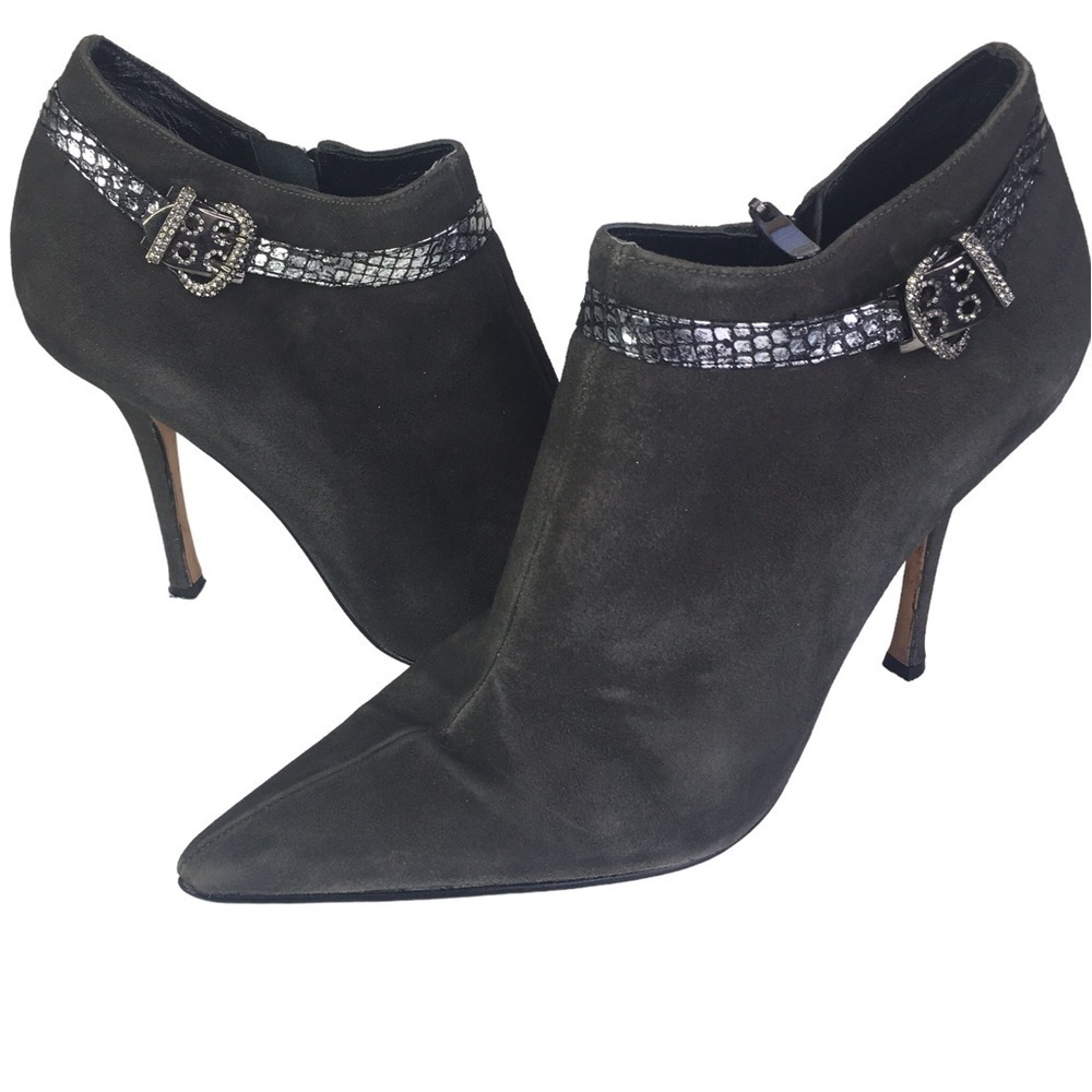 Beverly Feldman suede ankle boots green snake rhinestones Size 9 Stiletto